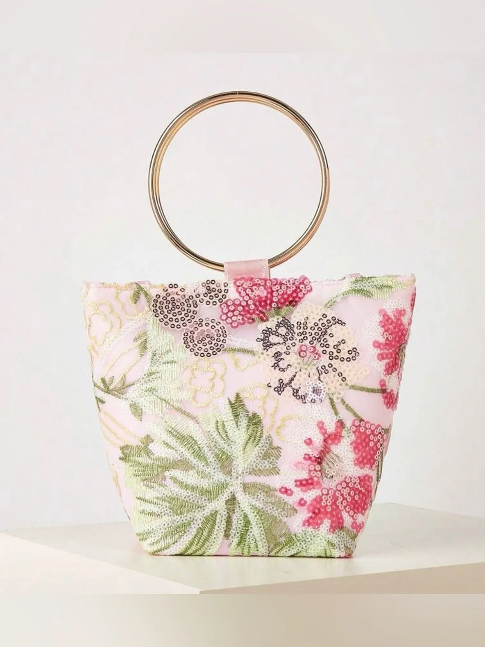 Pink Floral Sequin Ring-Handle Tote